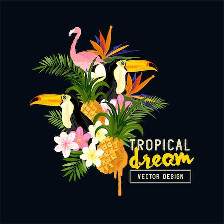 Tropical Border Design. tropical hand drawn elements including bird of paradise flower, Toucan and flamingo birds and tropical floral elements. Photographie de stock - Aubaine LD & Abonnement, Code: 400-08572318