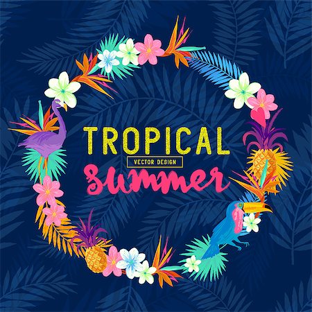 Vivid Tropical Wreath. Including flamingo, Palms, Toucans, Bird of paradise flowers and pineapples. Photographie de stock - Aubaine LD & Abonnement, Code: 400-08572325