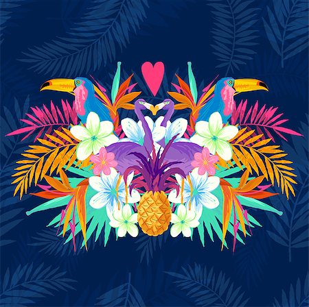 Vivid Tropical Love. Tropic elements including flamingo, Palms, Toucans, Bird of paradise flowers and pineapples. Foto de stock - Super Valor sin royalties y Suscripción, Código: 400-08572321