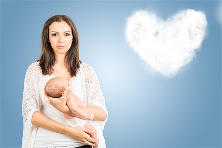 Portrait of  mother with newborn baby  with heartshaped cloud background copy space Stockbilder - Microstock & Abonnement, Bildnummer: 400-08573159