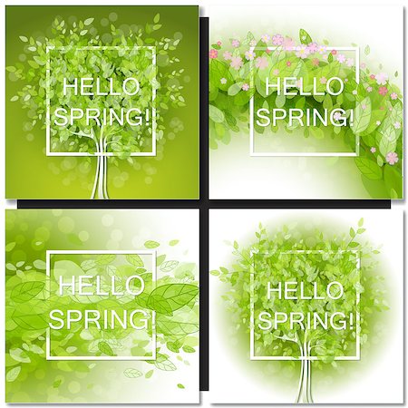 Set of Fresh spring green tree leaves frame template with white square frame. Hello Spring design vector illustration. Trendy Design Template. Stock Photo - Budget Royalty-Free & Subscription, Code: 400-08573334
