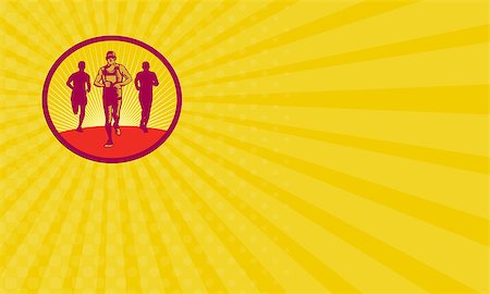 simsearch:400-08629212,k - Business card showing illustration of a marathon runner with fellow runners in the back viewed from front set inside circle with sunburst in the background done in retro woodcut style. Foto de stock - Super Valor sin royalties y Suscripción, Código: 400-08573858