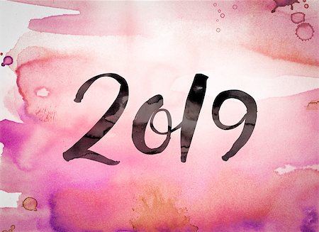 The word "2019" written in black paint on a colorful watercolor washed background. Foto de stock - Royalty-Free Super Valor e Assinatura, Número: 400-08573925