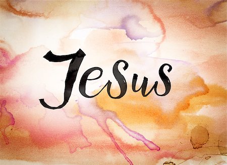 The word "Jesus" written in black paint on a colorful watercolor washed background. Stock Photo - Budget Royalty-Free & Subscription, Code: 400-08573944