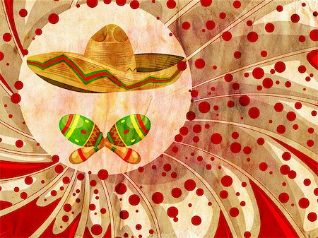 simsearch:400-08973915,k - Mexican straw hat sombrero and decorative maracas, paper textured. Stockbilder - Microstock & Abonnement, Bildnummer: 400-08614496