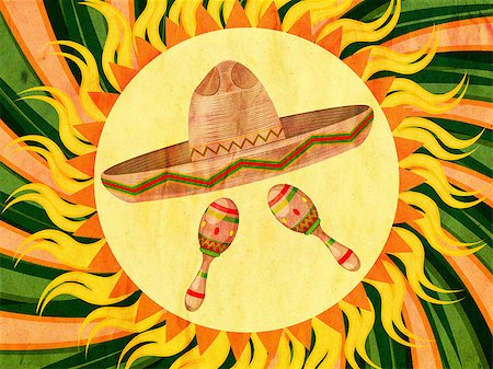 simsearch:400-08973915,k - Mexican straw hat sombrero and decorative maracas, paper textured. Stockbilder - Microstock & Abonnement, Bildnummer: 400-08614497