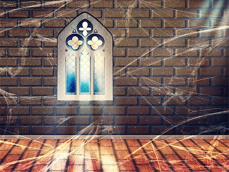 simsearch:400-05705183,k - Illustration of brick wall interior with wood floor and gothic window. Stock Photo - Budget Royalty-Free & Subscription, Code: 400-08614504