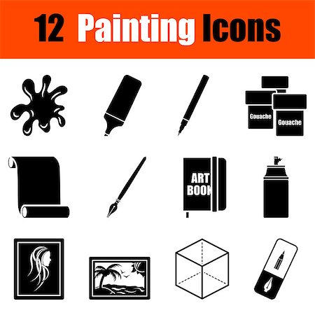 Set of twelve painting black icons. Vector illustration. Foto de stock - Super Valor sin royalties y Suscripción, Código: 400-08614739