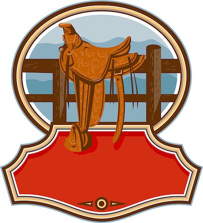 estribo - Illustration of an old style western saddle with decoration sitting on ranch fence set inside oval shape with banner in front done in retro style. Foto de stock - Super Valor sin royalties y Suscripción, Código: 400-08614862