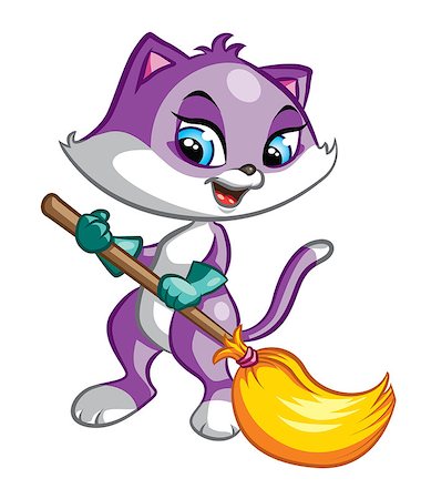 Illustration of cute purple cat cleaning with broom Stock Photo - Budget Royalty-Free & Subscription, Code: 400-08615071