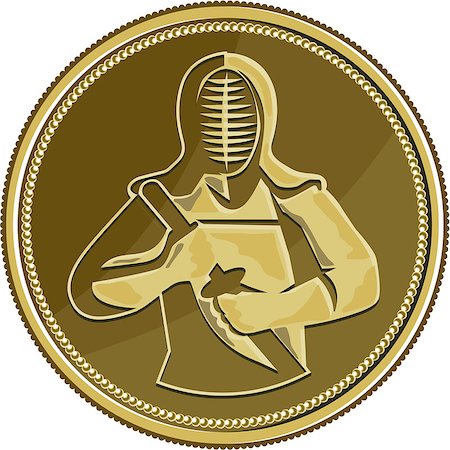 Illustration of a kendo kendoka swordsman with bamboo sword or shinai  and protective armour or bōgu set inside gold brass coin medal viewed from front done in retro style. Stock Photo - Budget Royalty-Free & Subscription, Code: 400-08615210