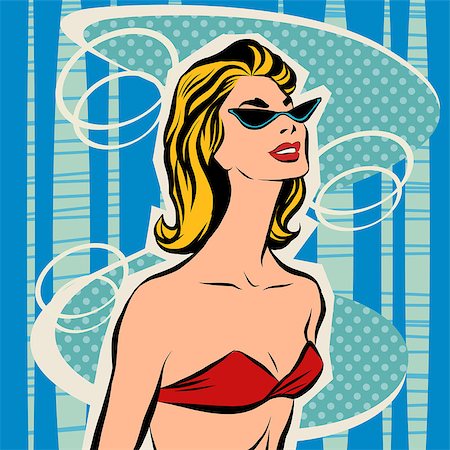 sun protection cartoon - Beautiful girl sunbathes in bikini. Woman on the beach in the summer. Beachwear. Sunglasses and bra swimsuit Stock Photo - Budget Royalty-Free & Subscription, Code: 400-08615249