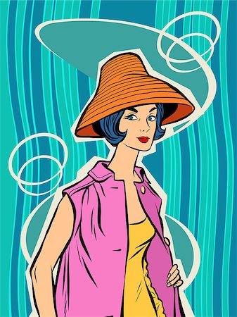 Fashion retro girl in the sun hat. Vector portrait of a beautiful woman. Stock Photo - Budget Royalty-Free & Subscription, Code: 400-08615250