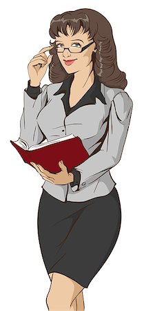 female secretary glasses - Young beautiful woman teacher holding open book. Isolated on white vector illustration Stock Photo - Budget Royalty-Free & Subscription, Code: 400-08615263