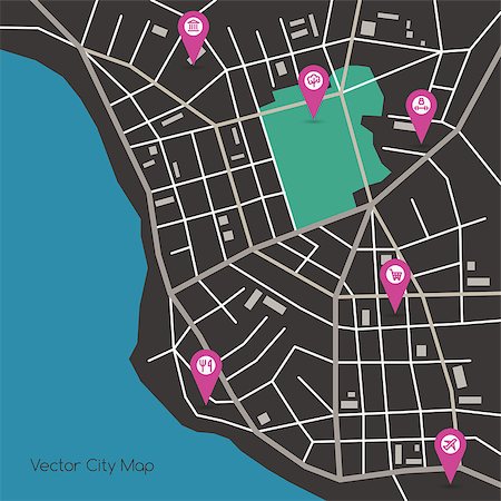 Vector flat abstract city map with pin pointers and infrastructure icons, dark colors Stock Photo - Budget Royalty-Free & Subscription, Code: 400-08615344