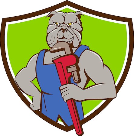 simsearch:400-08627495,k - Illustration of a bulldog plumber holding monkey wrench with hand on hips viewed from front set inside shield crest done in cartoon style. Stock Photo - Budget Royalty-Free & Subscription, Code: 400-08615453