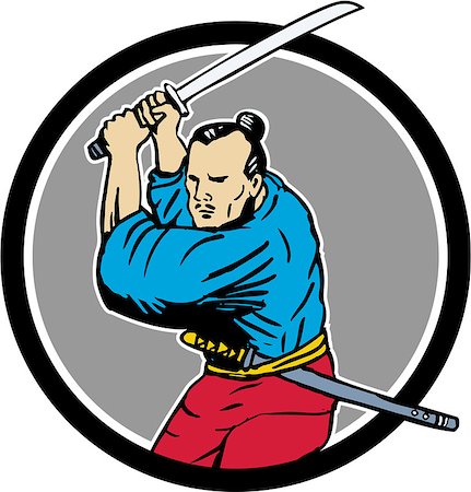 simsearch:400-08623964,k - Drawing sketch style illustration of a Samurai warrior wielding katana sword viewed from front set inside circle on isolated background. Foto de stock - Royalty-Free Super Valor e Assinatura, Número: 400-08615484