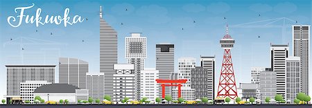 fukuoka - Fukuoka Skyline with Gray Landmarks and Blue Sky. Vector Illustration. Business Travel and Tourism Concept with Historic Buildings. Image for Presentation Banner Placard and Web Site. Stock Photo - Budget Royalty-Free & Subscription, Code: 400-08615497