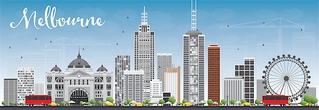 simsearch:400-08750728,k - Melbourne Skyline with Gray Buildings and Blue Sky. Vector Illustration. Business Travel and Tourism Concept with Modern Buildings. Image for Presentation Banner Placard and Web Site. Stock Photo - Budget Royalty-Free & Subscription, Code: 400-08615503