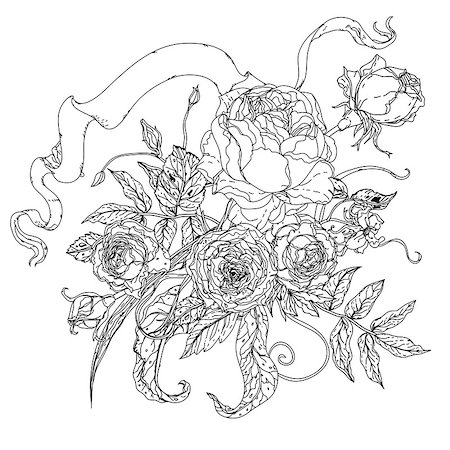 simsearch:400-08616791,k - uncolored flowers and ribbon for text. Adult coloring book famous zenart style. Hand-drawn, retro, doodle, vector, uncoloured. Black and white. The best for design, textiles, cards, coloring book Foto de stock - Super Valor sin royalties y Suscripción, Código: 400-08615544