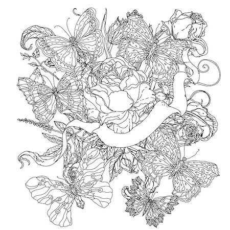 simsearch:400-08616791,k - uncolored flowers and ribbon for text. Adult coloring book famous zenart style. Hand-drawn, retro, doodle, vector, uncoloured. Black and white. The best for design, textiles, cards, coloring book Foto de stock - Super Valor sin royalties y Suscripción, Código: 400-08615547