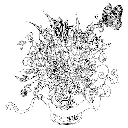simsearch:400-08616791,k - uncolored flowers and buterflay for Adult coloring book in famous zenart style. Hand-drawn, retro, doodle, vector, uncoloured. Black and white. The best for design, textiles, cards, coloring book Foto de stock - Super Valor sin royalties y Suscripción, Código: 400-08615624