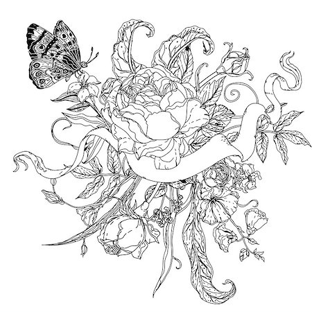 simsearch:400-08616791,k - uncolored flowers and buterflay for Adult coloring book in famous zenart style. Hand-drawn, retro, doodle, vector, uncoloured. Black and white. The best for design, textiles, cards, coloring book Foto de stock - Super Valor sin royalties y Suscripción, Código: 400-08615625