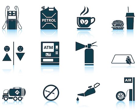Set of twelve Petrol station icons with reflections. Vector illustration. Foto de stock - Super Valor sin royalties y Suscripción, Código: 400-08615650