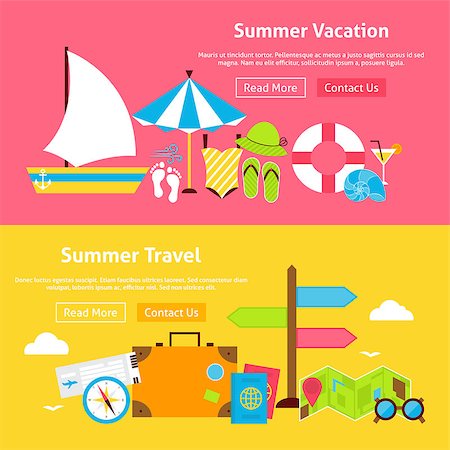 simsearch:400-09115085,k - Summer Travel Vacation Flat Website Banners Set. Vector Illustration for Website banner and landing page. Summertime and Beach Resort Modern Design. Foto de stock - Royalty-Free Super Valor e Assinatura, Número: 400-08615981