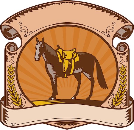 steigbügel - Illustration of a riderless horse with old style western saddle on ranch fence set inside oval shape with scroll and laurel leaves and sunburst in background done in retro woodcut style. Stockbilder - Microstock & Abonnement, Bildnummer: 400-08616099