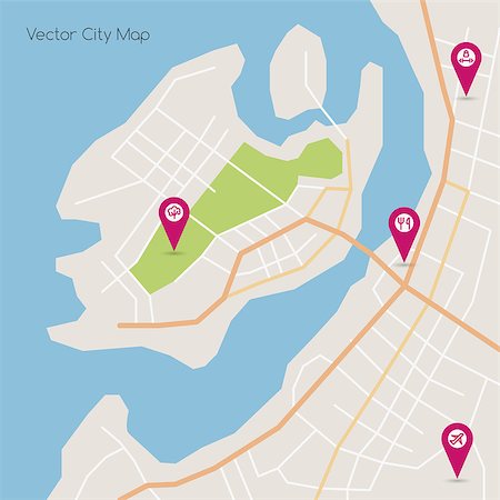 Vector flat abstract island map with pin pointers and infrastructure icons Stock Photo - Budget Royalty-Free & Subscription, Code: 400-08616152