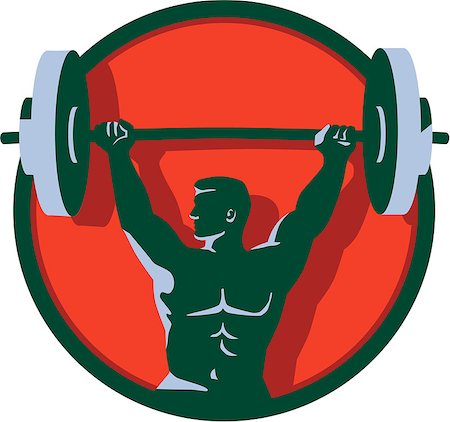 Illustration of a weightlifter lifting barbell weights with both hands looking to the side viewed from front set inside circle done in retro style. Stock Photo - Budget Royalty-Free & Subscription, Code: 400-08616304