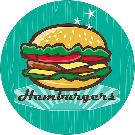 Illustration of a retro 1950s diner style hamburger, burger or cheeseburger with meat patty, lettuce, tomato and cheese slices in bun set inside circle with woodgrain. Foto de stock - Super Valor sin royalties y Suscripción, Código: 400-08616300