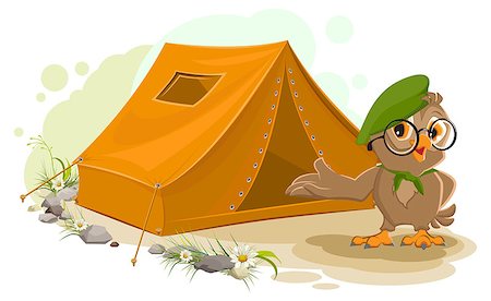 simsearch:400-06700048,k - Summer holiday camp. Scout owl standing near tent. Owl bird tourist tent set. Camping cartoon illustration Stock Photo - Budget Royalty-Free & Subscription, Code: 400-08616429
