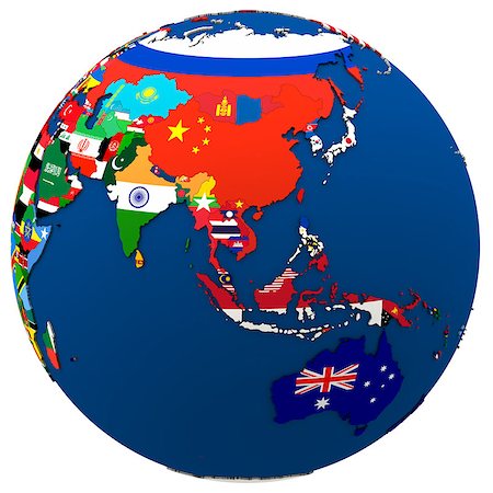 simsearch:400-08645884,k - Political map of southeast Asia and Australia with each country represented by its national flag. 3D Illustration isolated on white background. Foto de stock - Super Valor sin royalties y Suscripción, Código: 400-08616542