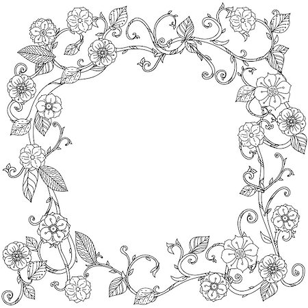 simsearch:400-08616791,k - Uncoloured Black and white flowers frame for adult coloring book in famous zenart style. Hand-drawn, retro, doodle, vector, uncoloured. The best for design, textiles, posters, coloring book in vector. Foto de stock - Super Valor sin royalties y Suscripción, Código: 400-08616785