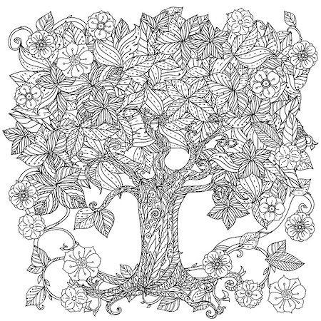 Orient floral black and white tree could be use  for coloring book   Hand-drawn, retro, doodle, vector, uncoloured. The best for your design, textiles, posters, coloring book in vector. Stock Photo - Budget Royalty-Free & Subscription, Code: 400-08616786