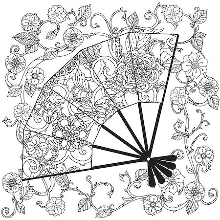 Uncoloured Oriental fan decorated with floral patterns for adult  coloring book.  Black and white. Uncolored Vector illustration. The best for your design, textiles, posters, adult coloring book Photographie de stock - Aubaine LD & Abonnement, Code: 400-08616791