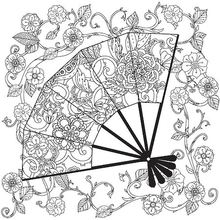 simsearch:400-08616791,k - Uncoloured Oriental fan decorated with floral patterns for adult  coloring book.  Black and white. Uncolored Vector illustration. The best for your design, textiles, posters, adult coloring book Foto de stock - Super Valor sin royalties y Suscripción, Código: 400-08616791