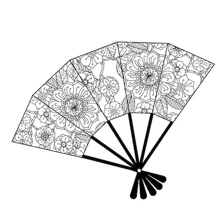 simsearch:400-08616791,k - Uncoloured Oriental fan decorated with floral patterns for adult  coloring book.  Black and white. Uncolored Vector illustration. The best for your design, textiles, posters, adult coloring book Foto de stock - Super Valor sin royalties y Suscripción, Código: 400-08616792