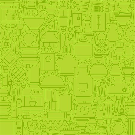 plate knife and fork outline - Thin Green Kitchen Appliances and Cooking Line Seamless Pattern. Vector Website Design and Seamless Background in Trendy Modern Outline Style. Kitchenware Utensils. Foto de stock - Super Valor sin royalties y Suscripción, Código: 400-08617048