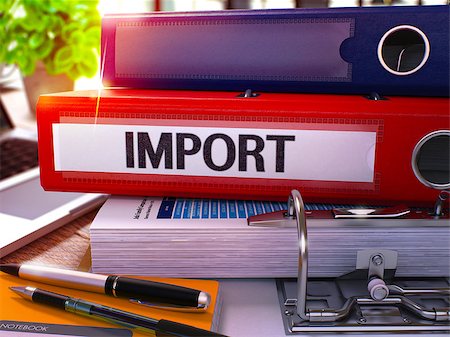 shipping (moving goods) - Red Ring Binder with Inscription Import on Background of Working Table with Office Supplies and Laptop. Import - Toned Illustration. Import Business Concept on Blurred Background. 3D Render. Foto de stock - Super Valor sin royalties y Suscripción, Código: 400-08617075