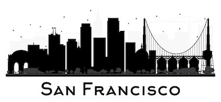 simsearch:400-08617294,k - San Francisco City skyline black and white silhouette. Vector illustration. Simple flat concept for tourism presentation, banner, placard or web site. Business travel concept. Cityscape with landmarks Stock Photo - Budget Royalty-Free & Subscription, Code: 400-08617300