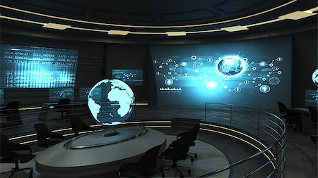 Futuristic interior view of dark office with holographic screens. 3d render Stock Photo - Budget Royalty-Free & Subscription, Code: 400-08617357