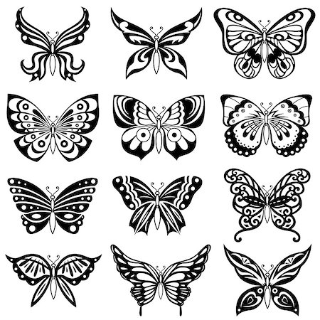 simsearch:400-08787096,k - Set of twelve ornamental black butterflies isolated on the white background, hand drawing vector artworks Photographie de stock - Aubaine LD & Abonnement, Code: 400-08617505
