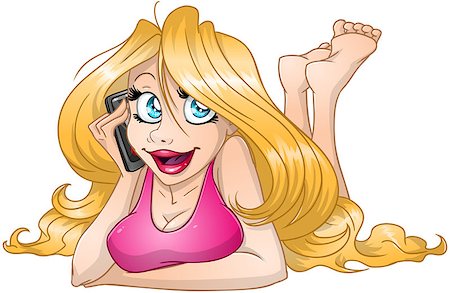 Vector illustration of a blond girl laying on her belly and talking on the phone. Stock Photo - Budget Royalty-Free & Subscription, Code: 400-08617553