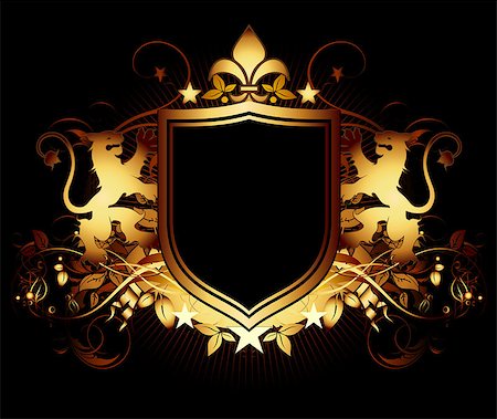 two golden lions keep a shield on the black background Stock Photo - Budget Royalty-Free & Subscription, Code: 400-08617621