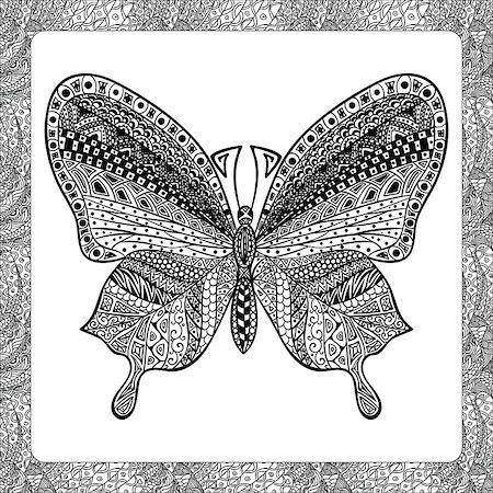 Coloring Page of Black Butterfly with Hand Drawn Patterns, Zentangle Vector Illustartion, Decorative Tribal Totem Insect for Adult Coloring Books or Tattoos, Isolated on Background. Monochrome Sketch. Stock Photo - Budget Royalty-Free & Subscription, Code: 400-08617633