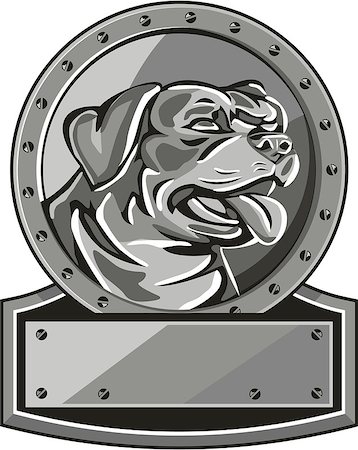 simsearch:400-08627495,k - Metallic style illustration of a Rottweiler Metzgerhund mastiff-dog guard dog head looking to the side set inside circle with screws done in retro style. Stock Photo - Budget Royalty-Free & Subscription, Code: 400-08617791