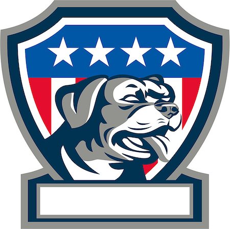 simsearch:400-08627495,k - Illustration of a Rottweiler Metzgerhund mastiff-dog guard dog head looking to the side set inside shield crest with USA stars and stripes flag in background done in retro style. Stock Photo - Budget Royalty-Free & Subscription, Code: 400-08617792